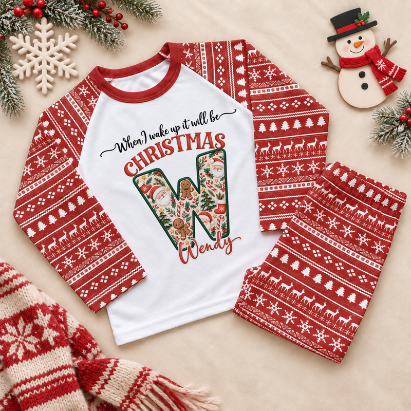 Red and white pyjama set. The print features a cream initial filled with Santa, gingerbread and Christmas greenery.