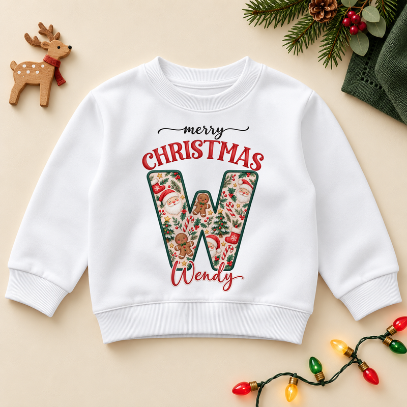 White children’s sweatshirt. The print features a cream initial filled with Santa, gingerbread and Christmas greenery.