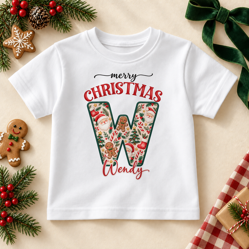 White children’s T-shirt. The print features a cream initial filled with Santa, gingerbread and Christmas greenery.