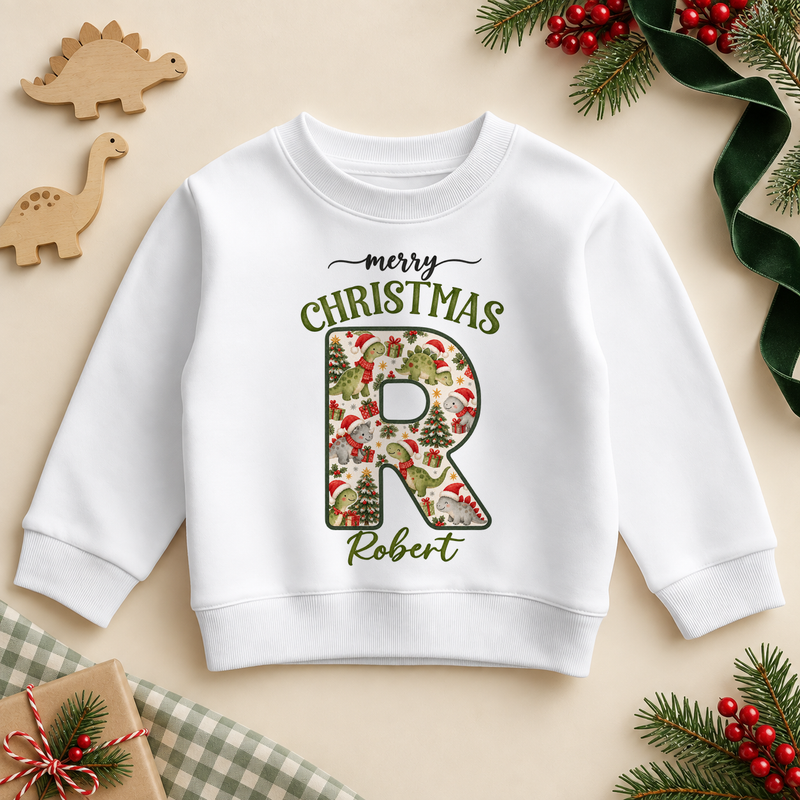 White children’s sweatshirt. The print features a cream initial filled with little dinosaurs in festive hats and scarves.