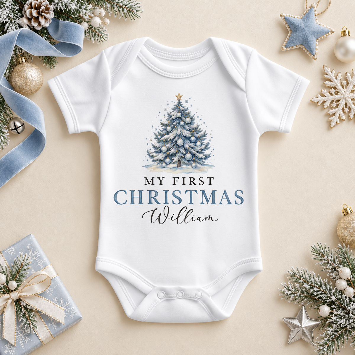 Personalised Name Baby Bodysuit My First Christmas Blue Frosted Tree Script Lettering for Newborn Shower Gift. Example name shown.