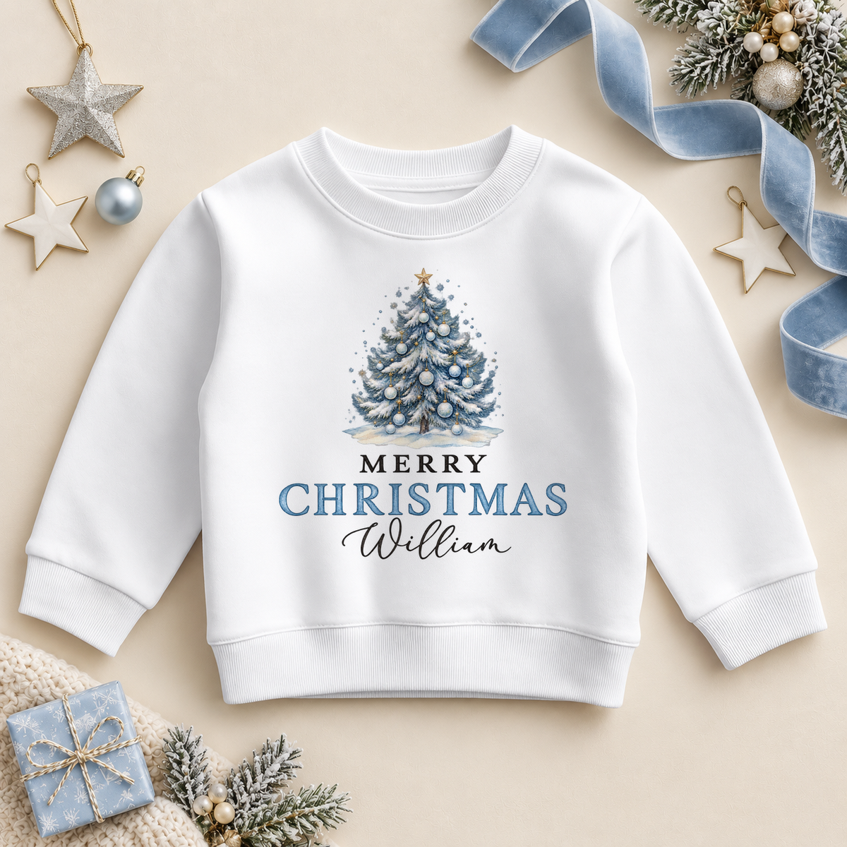 Personalised Christmas Blue Pine Tree Kids Sweatshirt with Name for Boys. Example name shown.