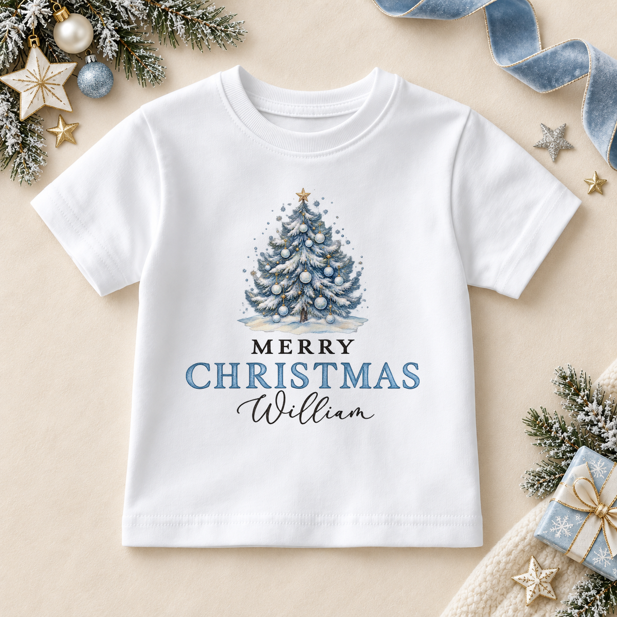 Personalised Christmas Blue Pine Tree Kids T-Shirt with Name for Boys. Example name shown.