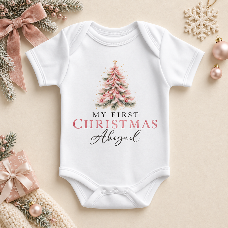 Personalised Name Baby Bodysuit My First Christmas Pink Tree Gold Star Script for Newborn Shower Gift. Example name shown.