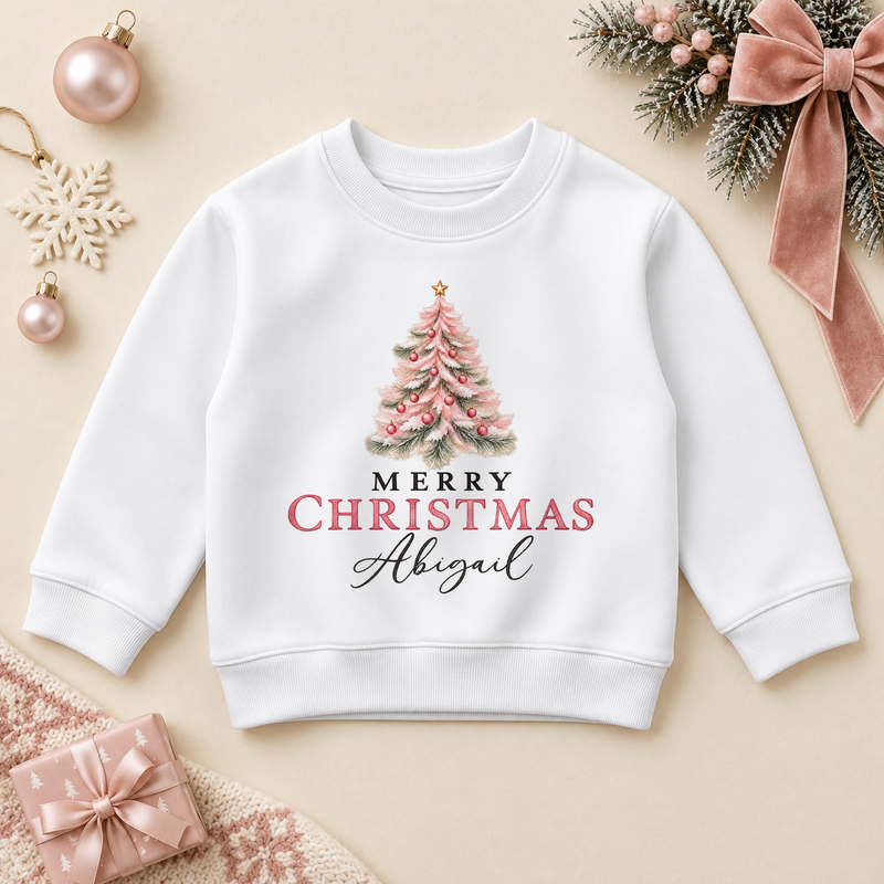 Personalised Name Girls Jumper Christmas Pink Tree Sparkle Baubles Script Lettering for Kids Christmas Gift. Example name shown.