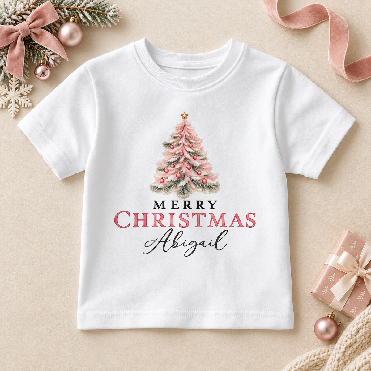Personalised Name Girls T-Shirt Christmas Pink Tree Sparkle Baubles Script Lettering for Kids Christmas Gift. Example name shown.