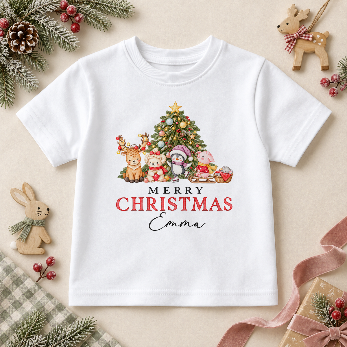 White children's T-shirt with a Christmas tree, reindeer, teddy, penguin, pig and mouse, plus Merry Christmas lettering and the example name Emma.
