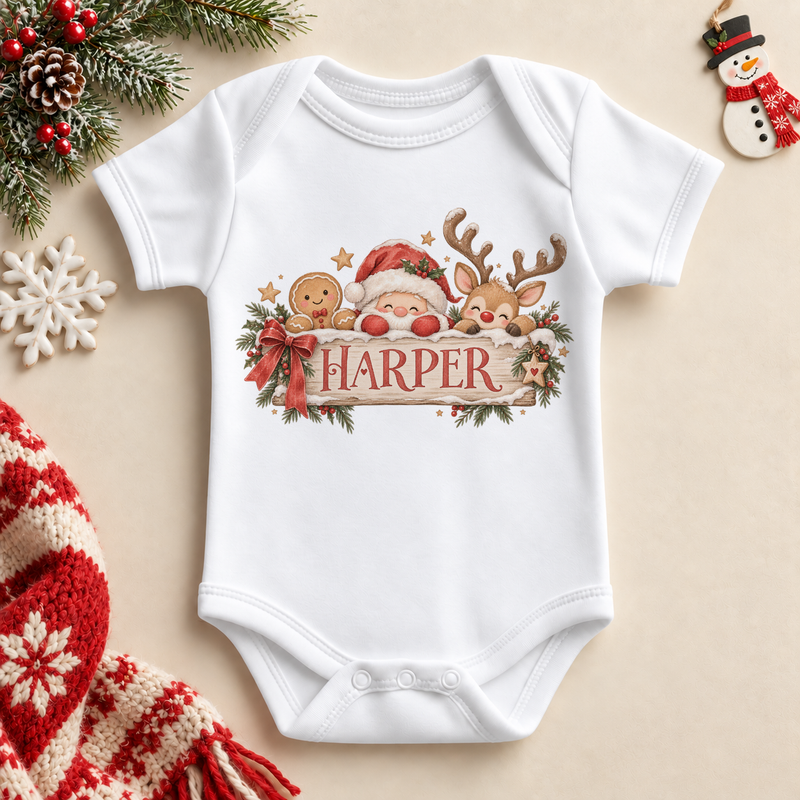 White baby bodysuit. The print features Santa, a reindeer and a gingerbread character peeking over a festive name sign.