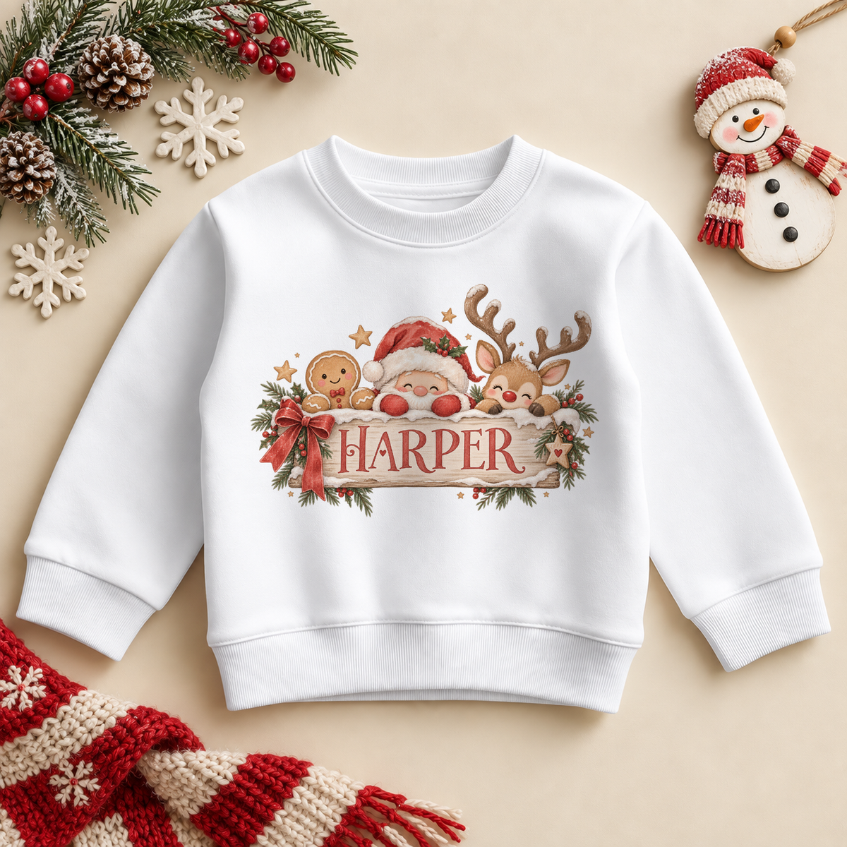 White children’s sweatshirt. The print features Santa, a reindeer and a gingerbread character peeking over a festive name sign.