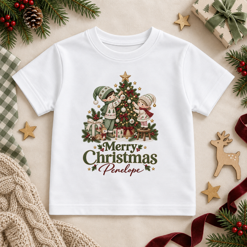 White children’s T-shirt. The print features two elves decorating a Christmas tree, surrounded by ribboned presents.