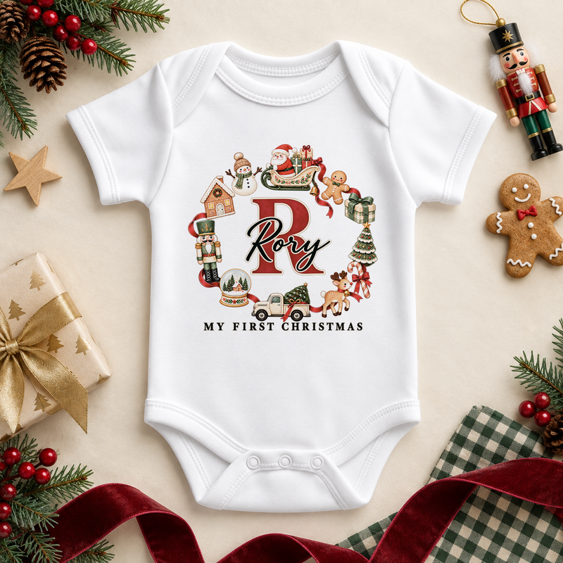 White baby bodysuit. The print features a red initial framed by an open circle of Santa, a snowman, toys and Christmas treats.