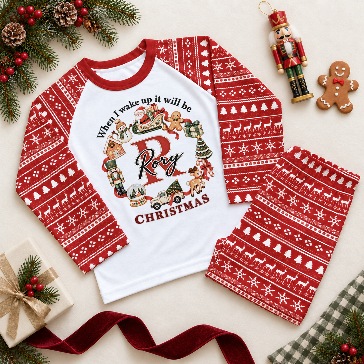 Red and white pyjama set. The print features a red initial framed by an open circle of Santa, a snowman, toys and Christmas treats.