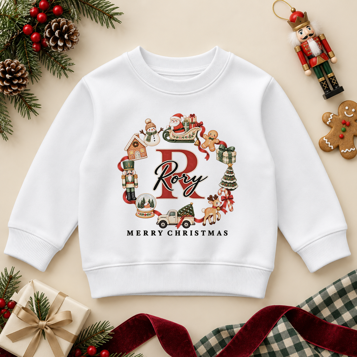 White children’s sweatshirt. The print features a red initial framed by an open circle of Santa, a snowman, toys and Christmas treats.