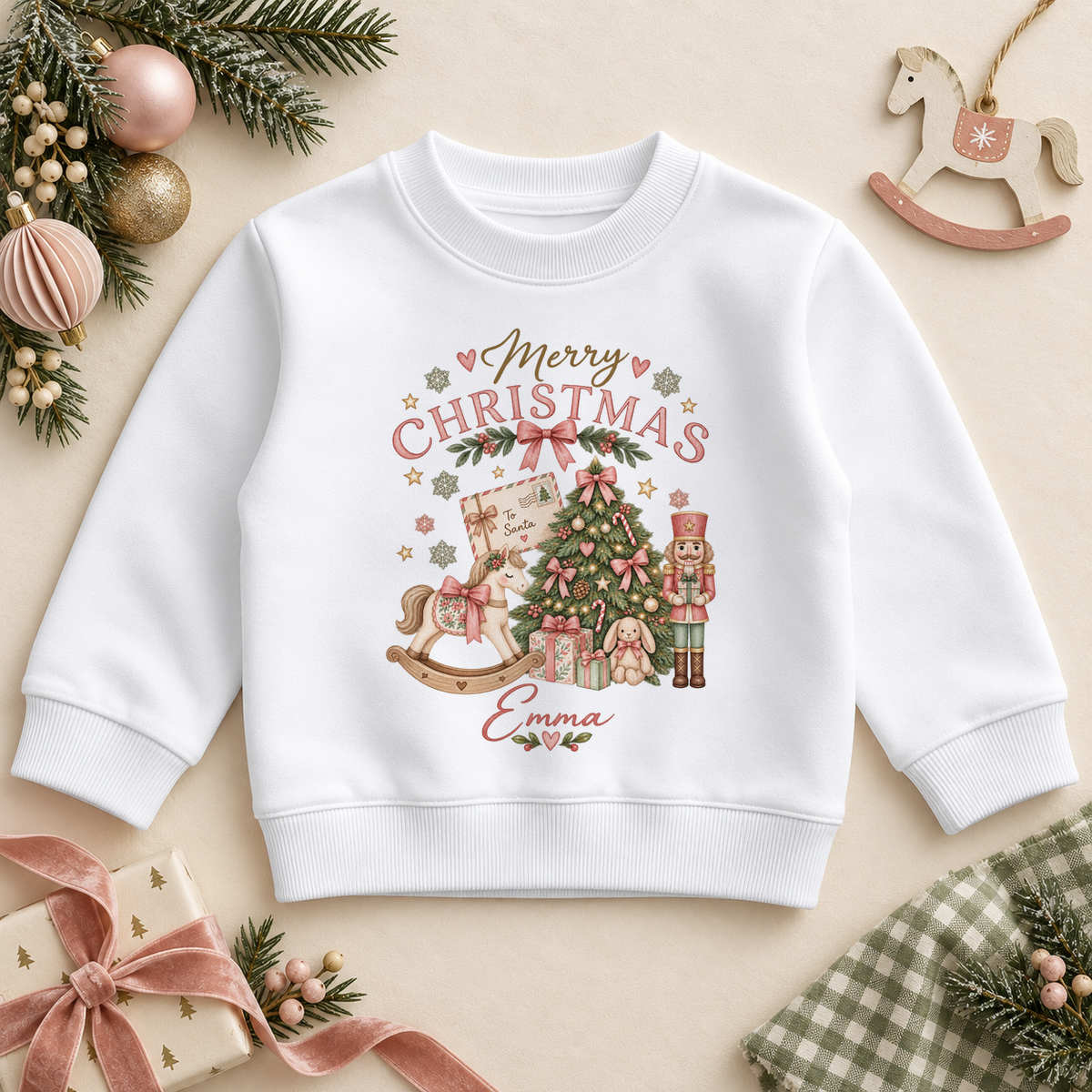 White children’s sweatshirt. The print features a rocking horse, nutcracker, presents and a Christmas tree in soft pink and green.