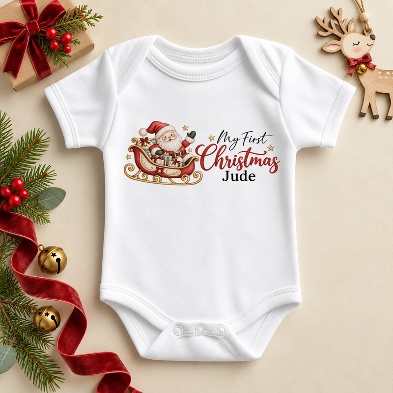 White baby bodysuit. The print features Santa sitting in a red sleigh with ribboned Christmas parcels.
