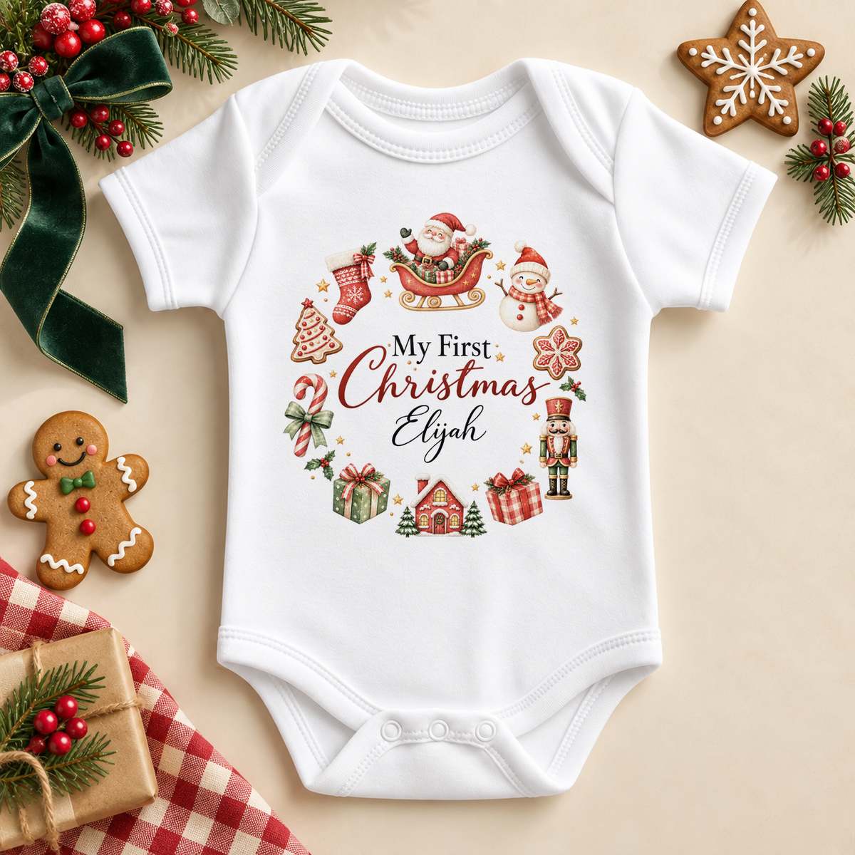 White baby bodysuit. The print features an open circle of Santa, snowman, gingerbread, gifts and other Christmas motifs.