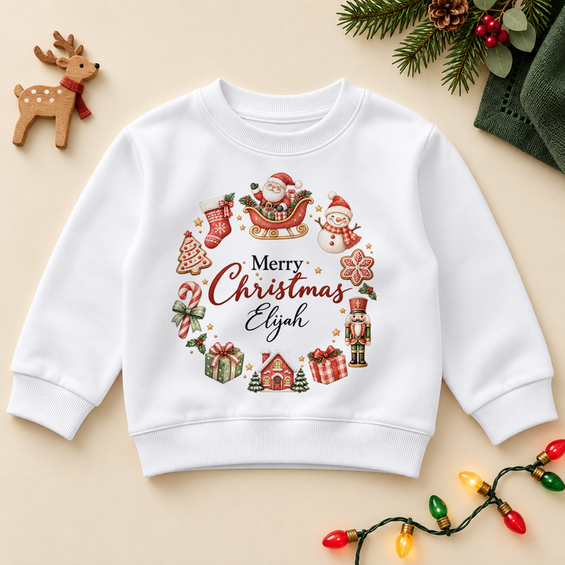 White children’s sweatshirt. The print features an open circle of Santa, snowman, gingerbread, gifts and other Christmas motifs.