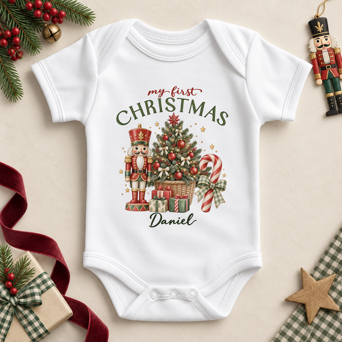 White baby bodysuit. The print features a nutcracker beside a Christmas tree in a basket, candy canes and wrapped gifts.