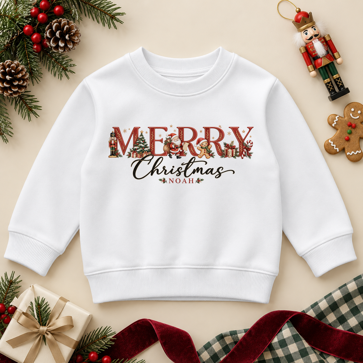 White children’s sweatshirt. The print features red and gold festive lettering filled with little Christmas characters and decorations.