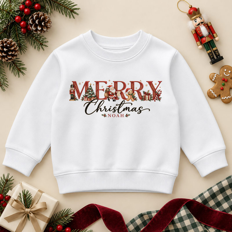 White children’s sweatshirt. The print features red and gold festive lettering filled with little Christmas characters and decorations.
