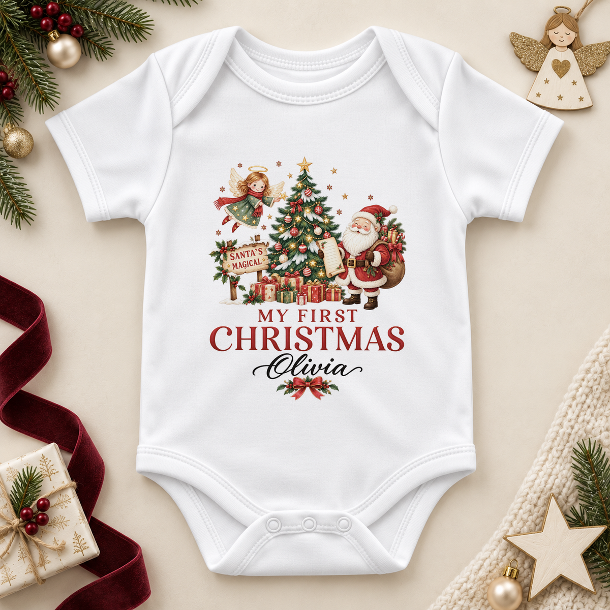White baby bodysuit. The print features Santa and a little angel decorating a tree, with a sign and ribboned presents.