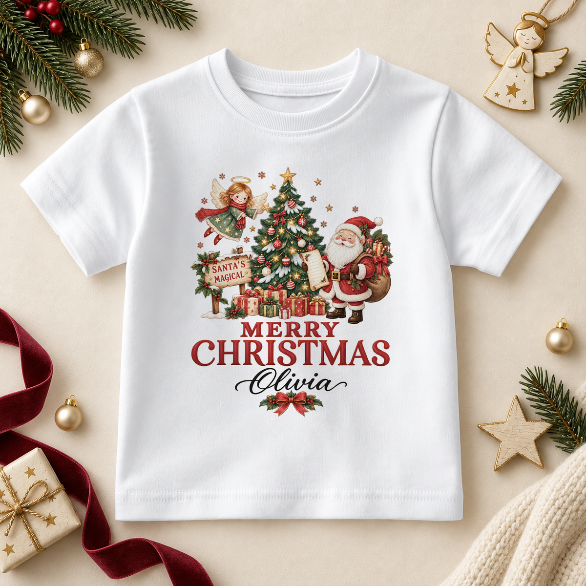 White children’s T-shirt. The print features Santa and a little angel decorating a tree, with a sign and ribboned presents.