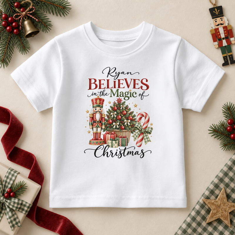 White children’s T-shirt. The print features a nutcracker, a decorated tree, candy canes and gifts beneath a Christmas belief message.