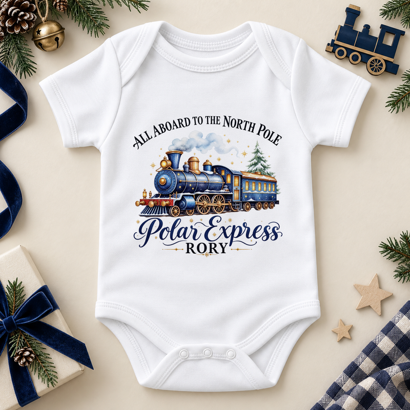White baby bodysuit. The print features a blue and brass steam train with a snowy tree and North Pole lettering.