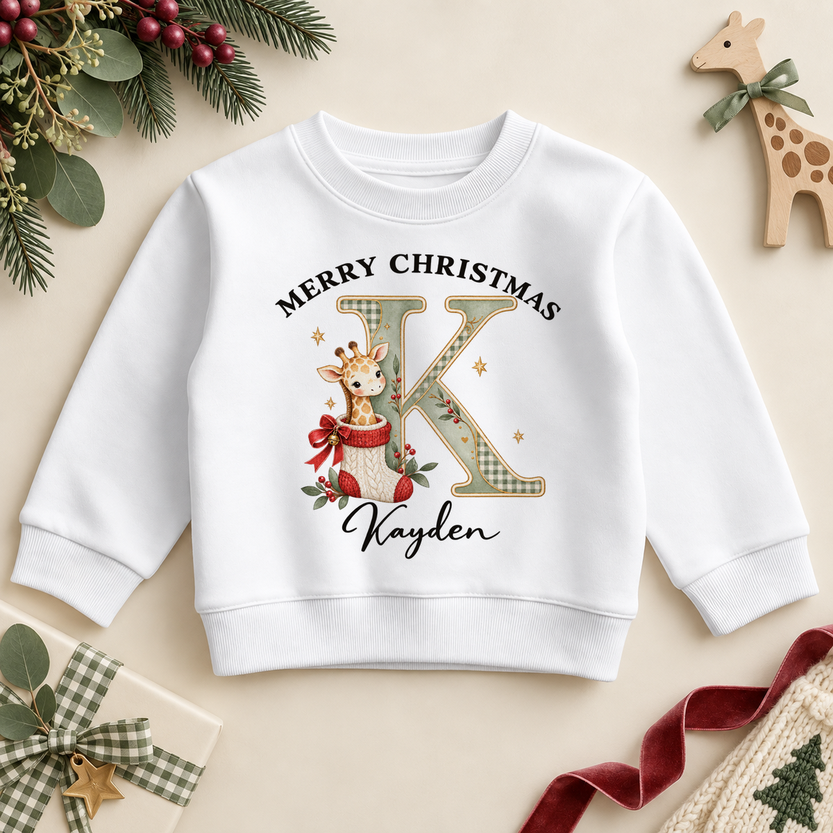White children’s sweatshirt. The print features a cream and sage initial beside a giraffe peeking from a knitted Christmas stocking.
