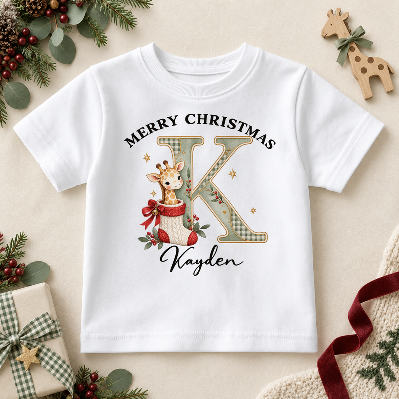 White children’s T-shirt. The print features a cream and sage initial beside a giraffe peeking from a knitted Christmas stocking.