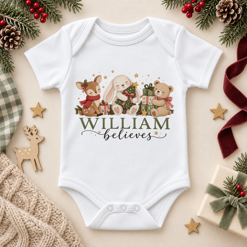 White baby bodysuit. The print features a reindeer, bunny and teddy grouped with a little tree and wrapped presents.