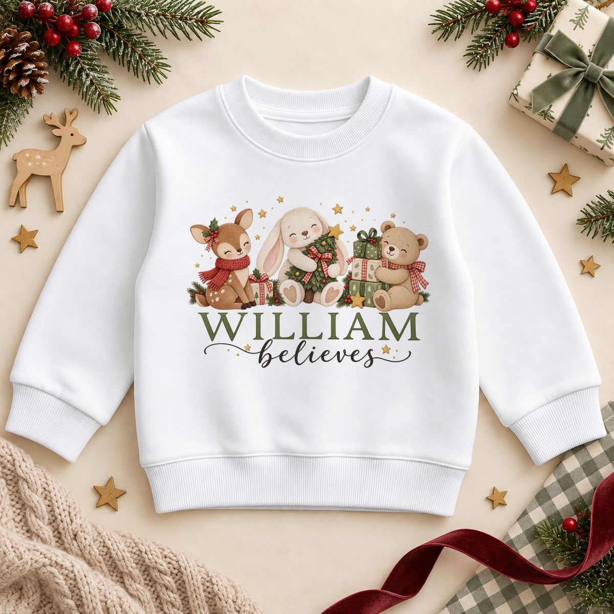 White children’s sweatshirt. The print features a reindeer, bunny and teddy grouped with a little tree and wrapped presents.