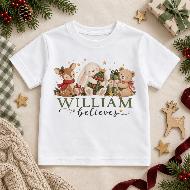 White children’s T-shirt. The print features a reindeer, bunny and teddy grouped with a little tree and wrapped presents.