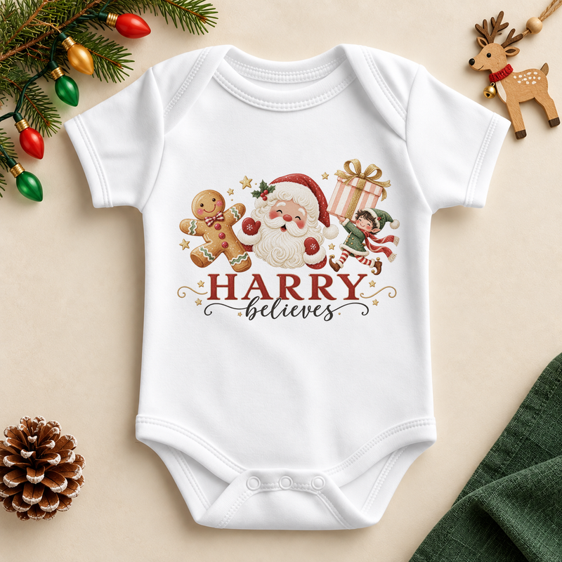 White baby bodysuit. The print features Santa, a gingerbread character and an elf carrying a striped Christmas present.