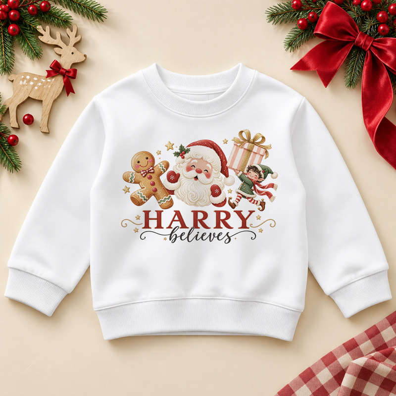 White children’s sweatshirt. The print features Santa, a gingerbread character and an elf carrying a striped Christmas present.