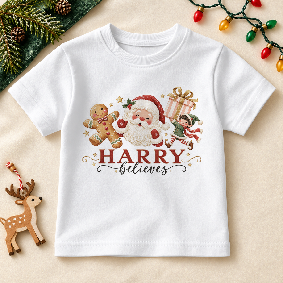 White children’s T-shirt. The print features Santa, a gingerbread character and an elf carrying a striped Christmas present.