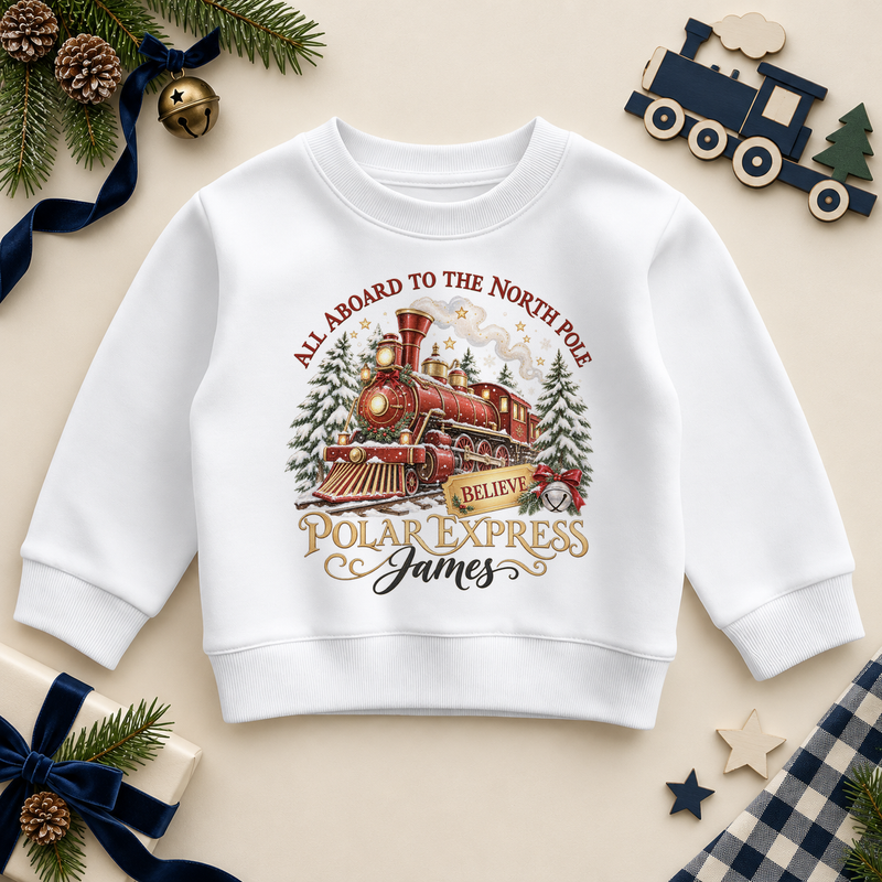 White children’s sweatshirt. The print features a red and brass steam train with snowy trees, a gold ticket and a silver bell.