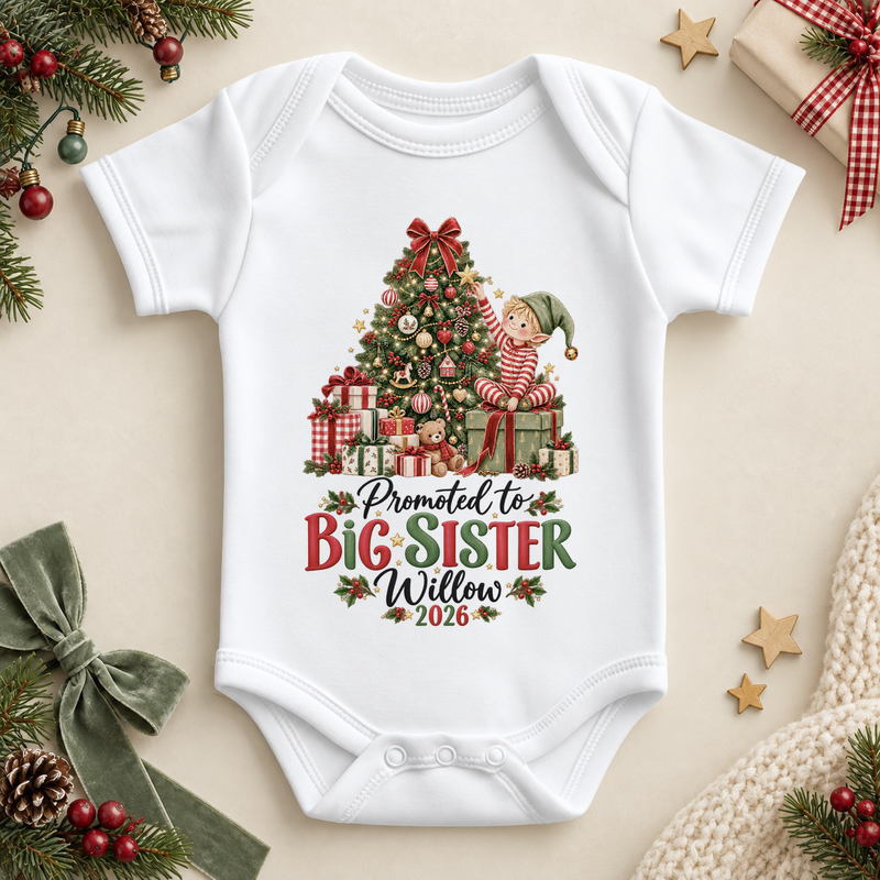 White baby bodysuit. The print features an elf decorating a Christmas tree above a Big Sister announcement.