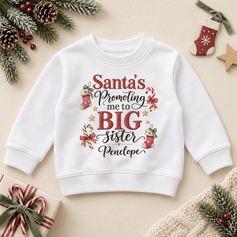 White children’s sweatshirt. The print features Big Sister announcement lettering with knitted stockings, candy canes and little stars.