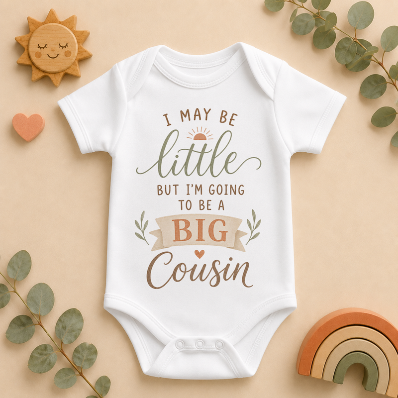 Going To Be A Big Cousin Baby Vest Bodysuit, Eucalyptus Greenery