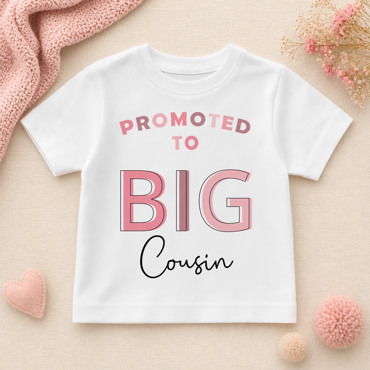 Promoted to Big Cousin Pink Outline T-Shirt for Girls & Kids