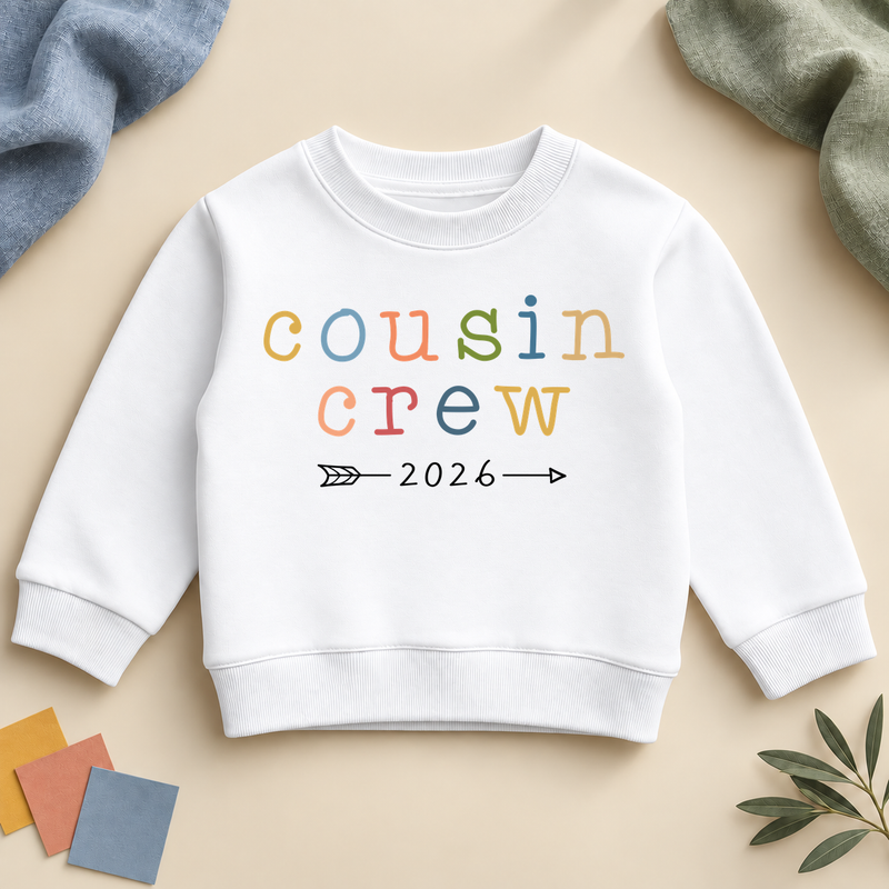 Personalised white Cousin Crew sweatshirt for kids with colourful lowercase letters and the example year 2026 between black arrows, on a cream flat lay.