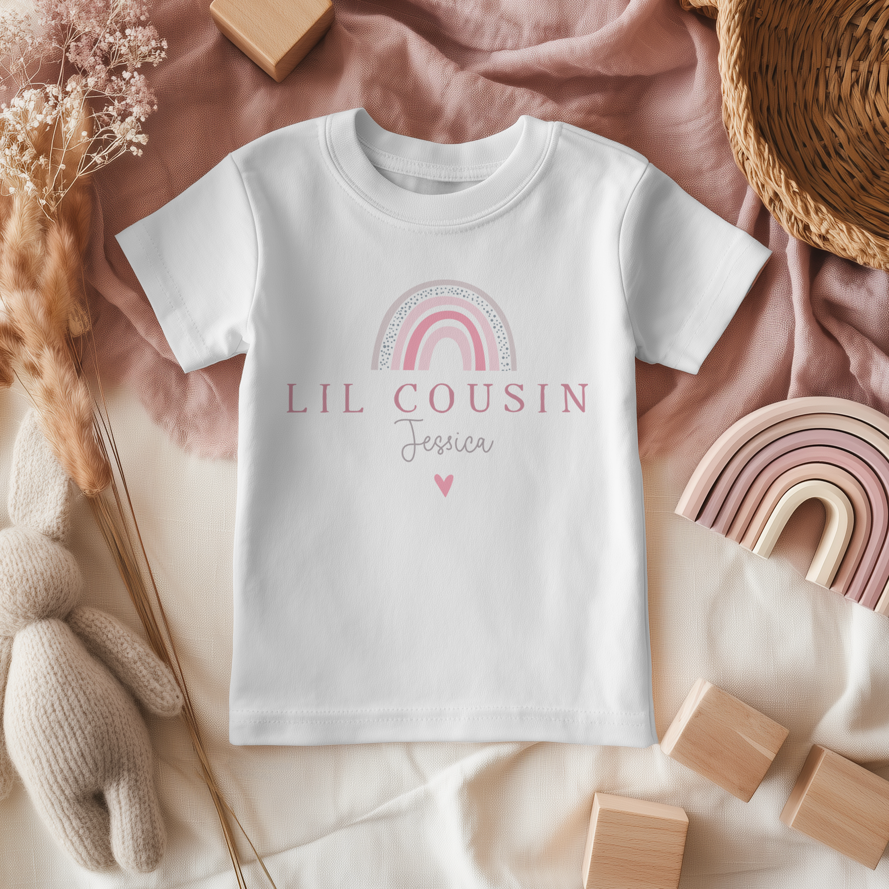 Little/Lil Cousin Pink Boho Rainbow Personalised Toddler & Kids T Shirt