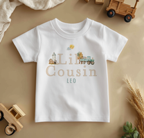 Personalised Lil Cousin Farm Animals & Green Tractor T-Shirt for Kids