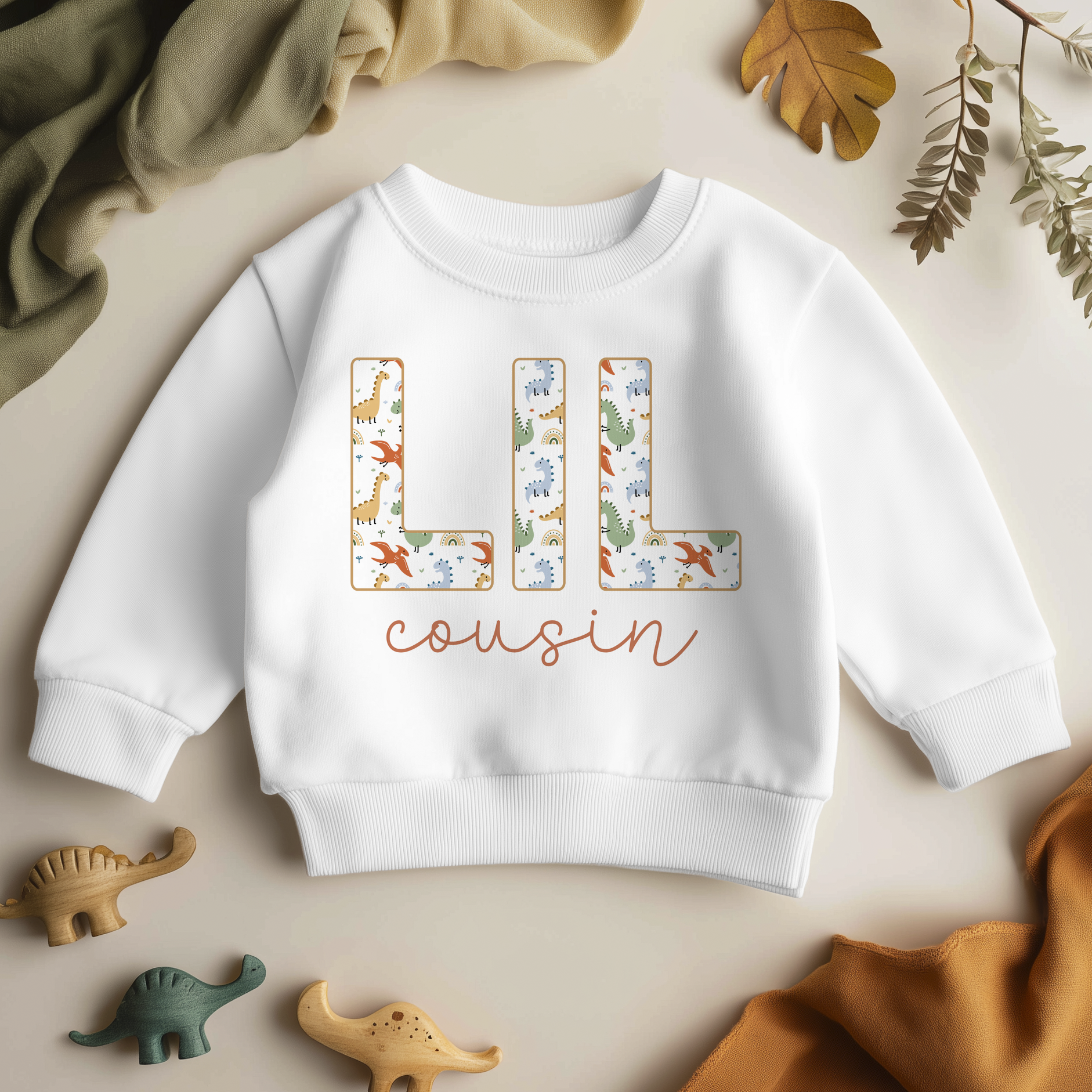 Lil Cousin Girls Jumper Dinosaur Rainbow Patterned Boxes Script Lettering for Toddler Announcement Gift