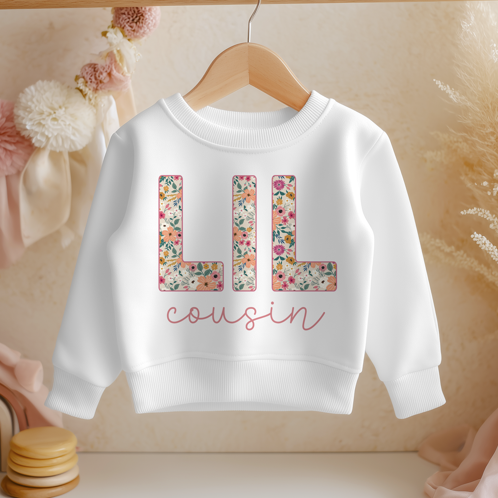 Lil Cousin Girls Jumper Floral Pattern Pink Daisy Script Lettering Announcement Gift