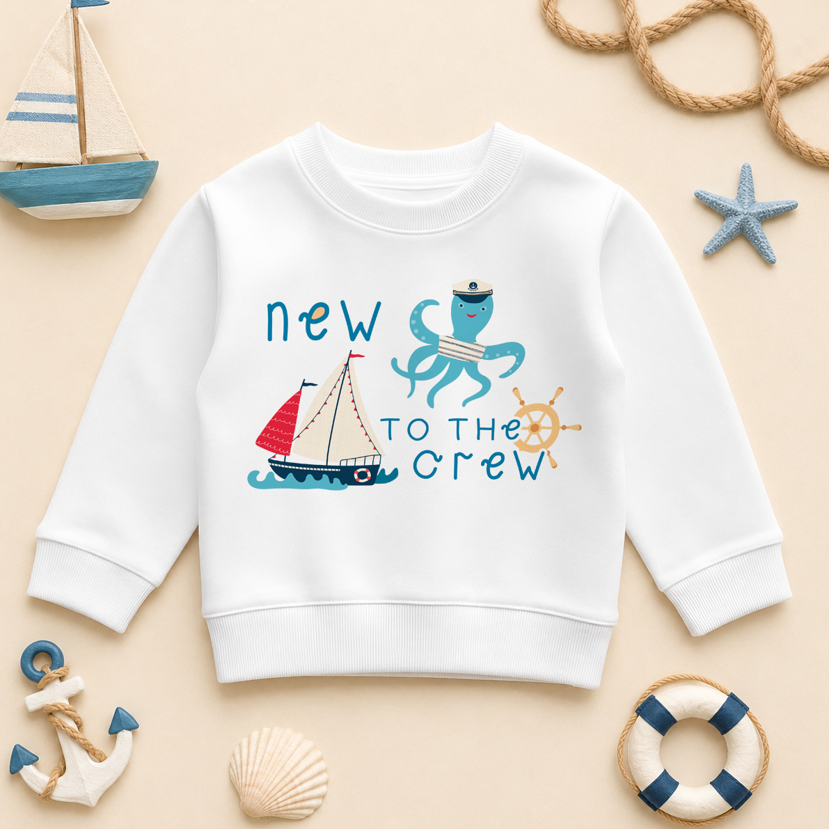Personalised Summer Holiday Sweatshirt for Toddlers and Kids, New To The Crew Octopus & Sailboat