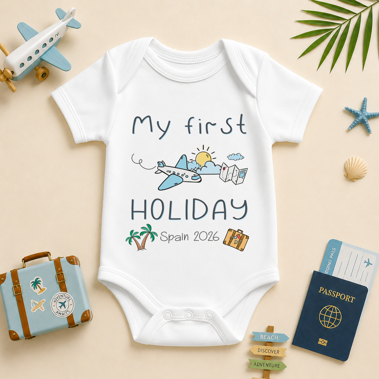 My First Holiday Aeroplane Suitcase Passport — doodle travel baby vest bodysuit