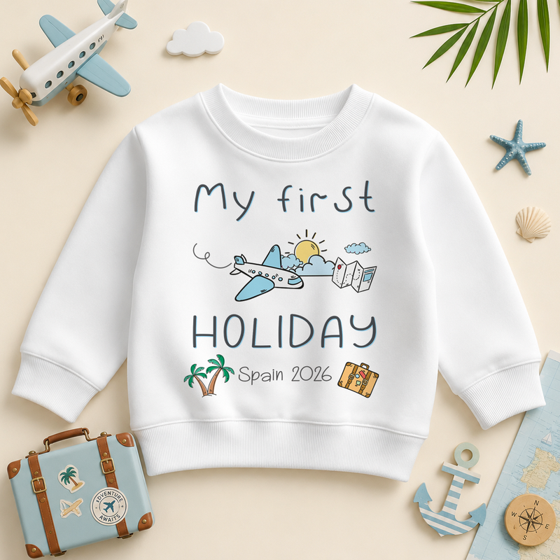 Personalised holiday kids sweatshirt for boys, watercolour aeroplane suitcase travel doodle design