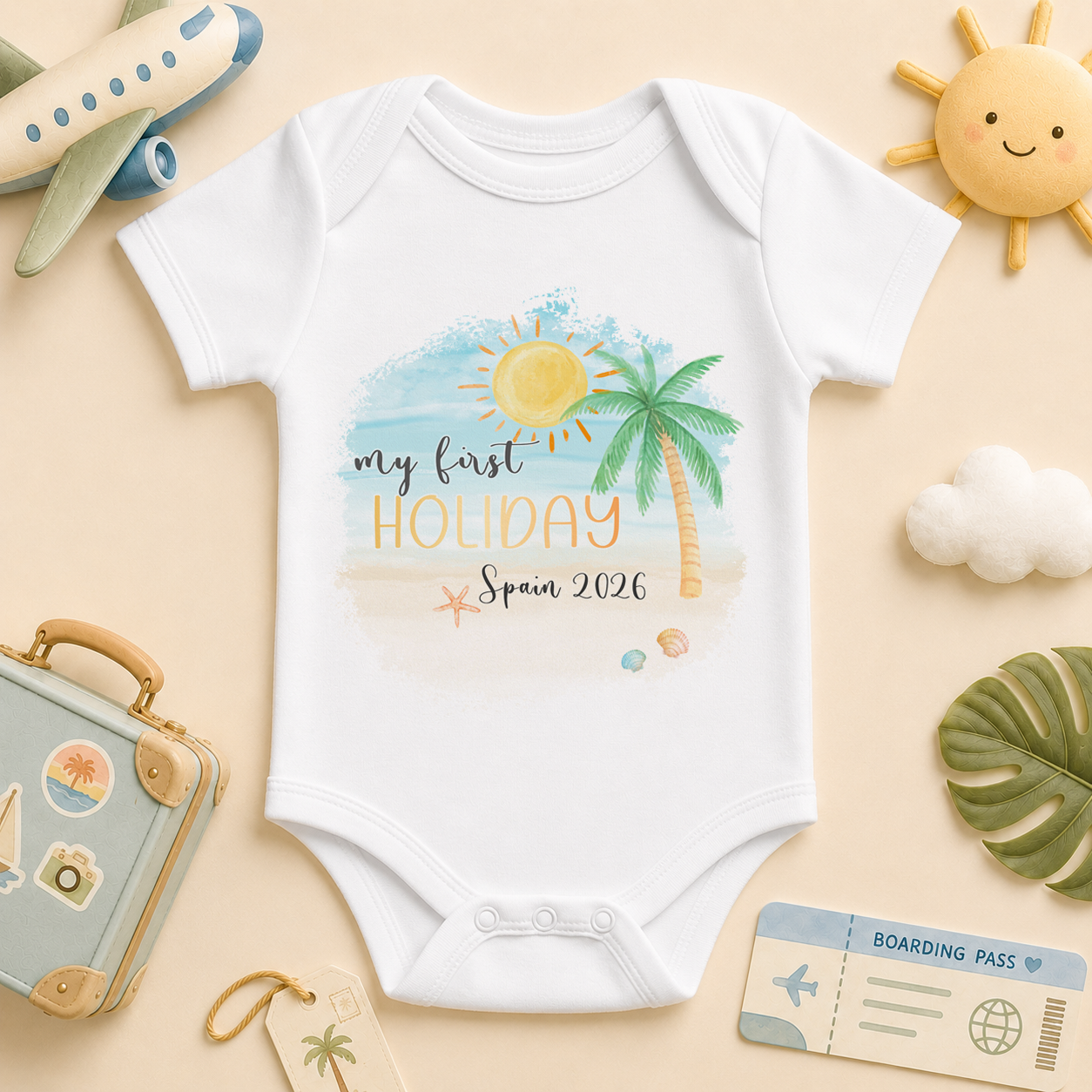My First Holiday Watercolour Palm Tree Beach — baby vest bodysuit